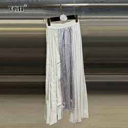 VGH Hit Color Patchwork Folds Elegant Sirts For Women High Waist Temperament Loose Long Skirt Female Clothing Fasjhion Style New