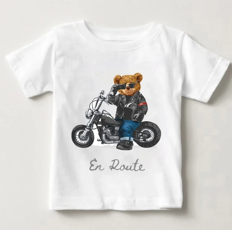 Funny Bear Riding Motorcycle Car Print Boys And Girls White T-shirt Children\'s Summer Harajuku Funny Baby Clothes Tops