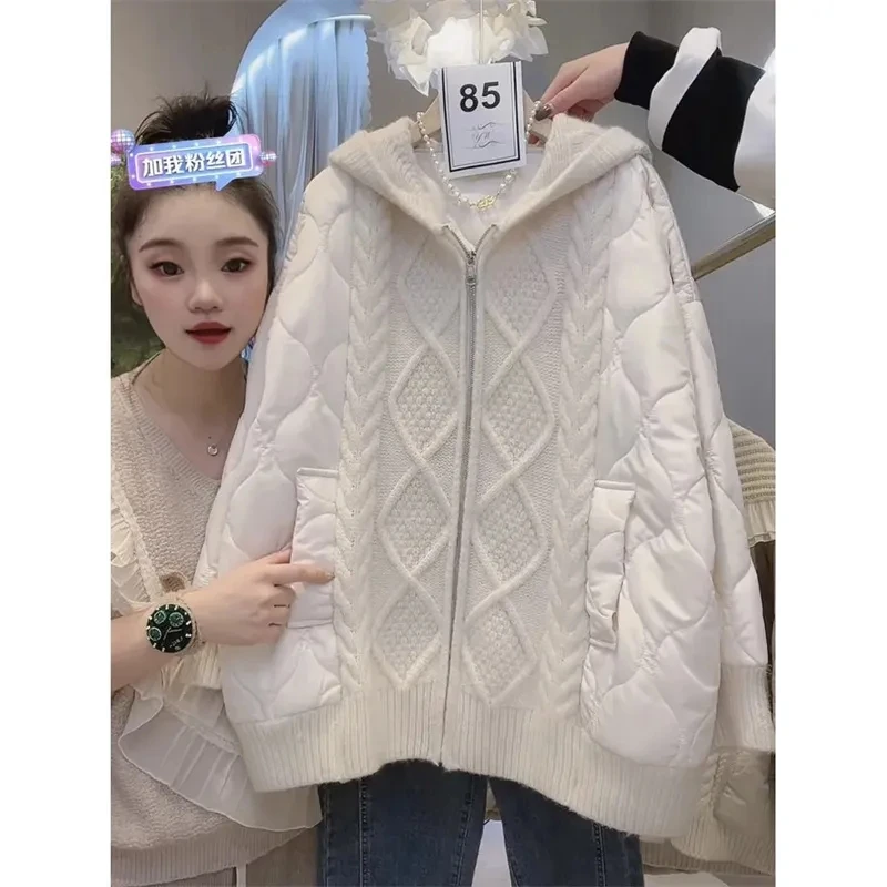 WinterNew Knit Stitching Sweater Cardigan Women Hooded Parkas Loose Thick Warm Casual Cotton-Padded Jacket Coat Female Overcoat