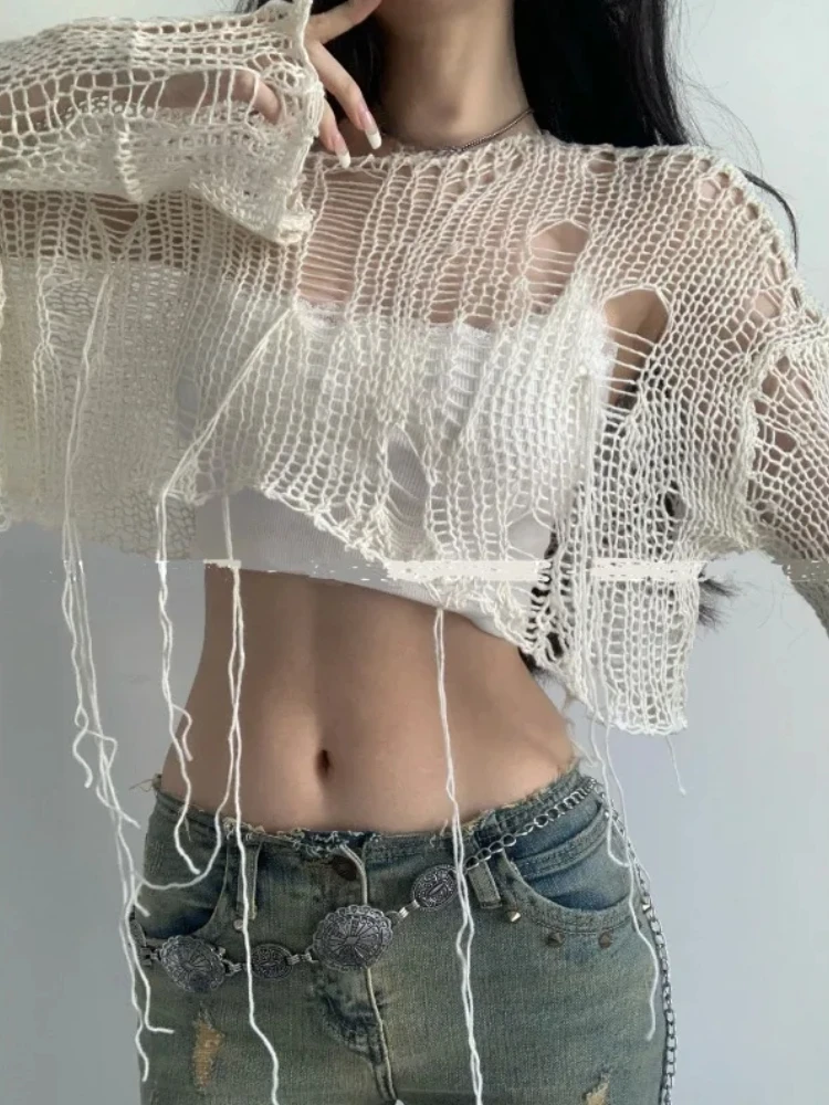 American Retro Y2K Women Knit T-shirt Hollow Out Beige Knitwear Cropped Sweater Tees Short Tops Vintage Spring T Shirts 2025 New