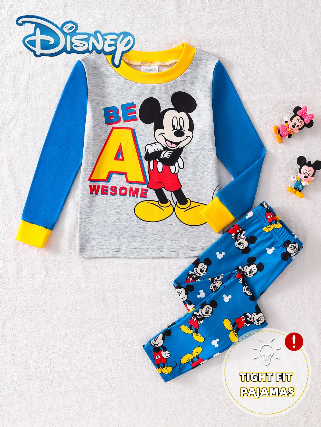 

【Officially Licensed】Disney Mickey Mouse 2-Piece Boys' Spring and Autumn Pajama Set Long Pants Set Boys' Cartoon Mickey Mouse Fun Print Long Sleeve Tight Pajamas + Matching Print Tight Pajama Pants Teenager's Daily Home Outdoor Casual Children's Clothing 
