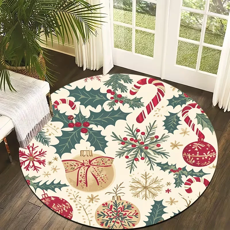 Christmas Candy Cane Round Rug Xmas Ball Holly Print Soft Circle Carpet Holiday Bedroom Living Room Home Decor Floor Mat