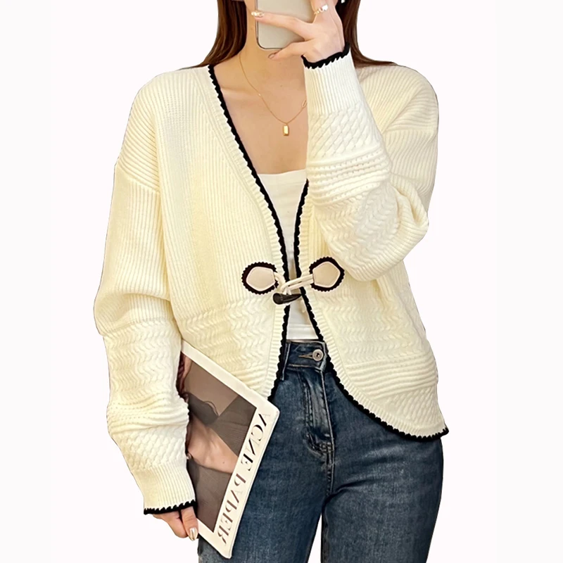 

Vintage Horn Button Women's Sweater Jacket Korean V Neck Loose Knit Cardigans Female Autumn Knitwear Sweater Cardigan Women 2023
