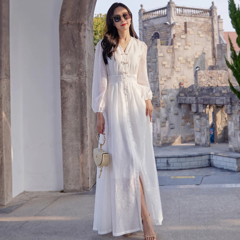 

New Women Spring Summer White Ankle-Length Dress Fashion V-Neck Long Sleeve Holiday Dress Elegant Flowing Slim Long Dress