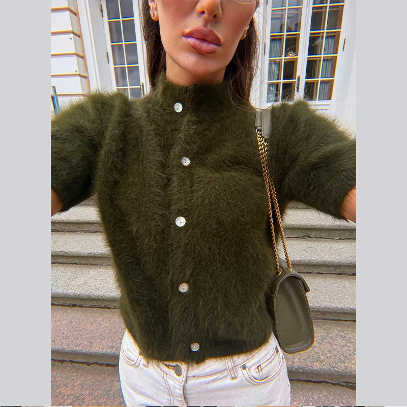 Damen-Strickwaren Plüsch Kurzarm Strickjacke Herbst O-Ausschnitt Einreihig Einfarbig Weiche Strickjacken Schicke Damen-Oberteile – Detail 15
