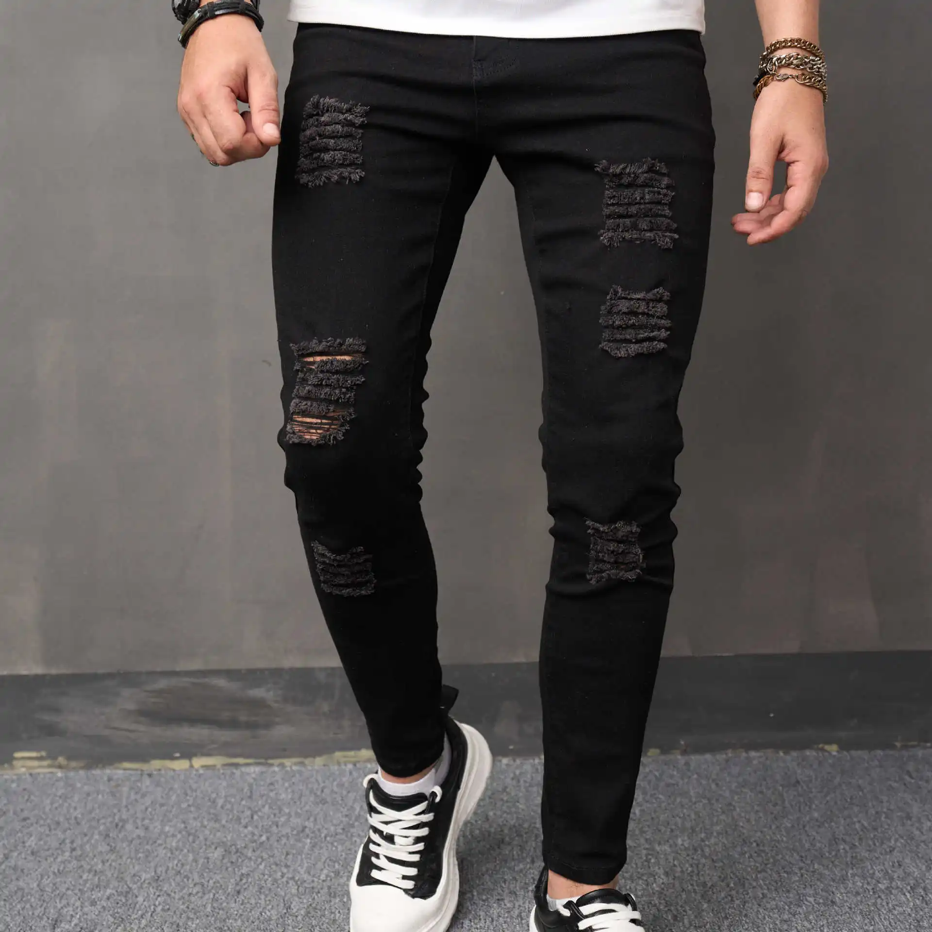 Korean Style Youth Men's Jeans, New Fashion Trendy Solid Color Slim Fit Ankle-Length Elastic Straight Tube Slimming Men's Pants