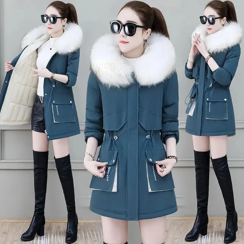 2024 New Fashion White black Winter Jacket Women Big Fur Hooded Thick Down Parkas Female Jacket Long Coat Slim Warm Winter Outwe