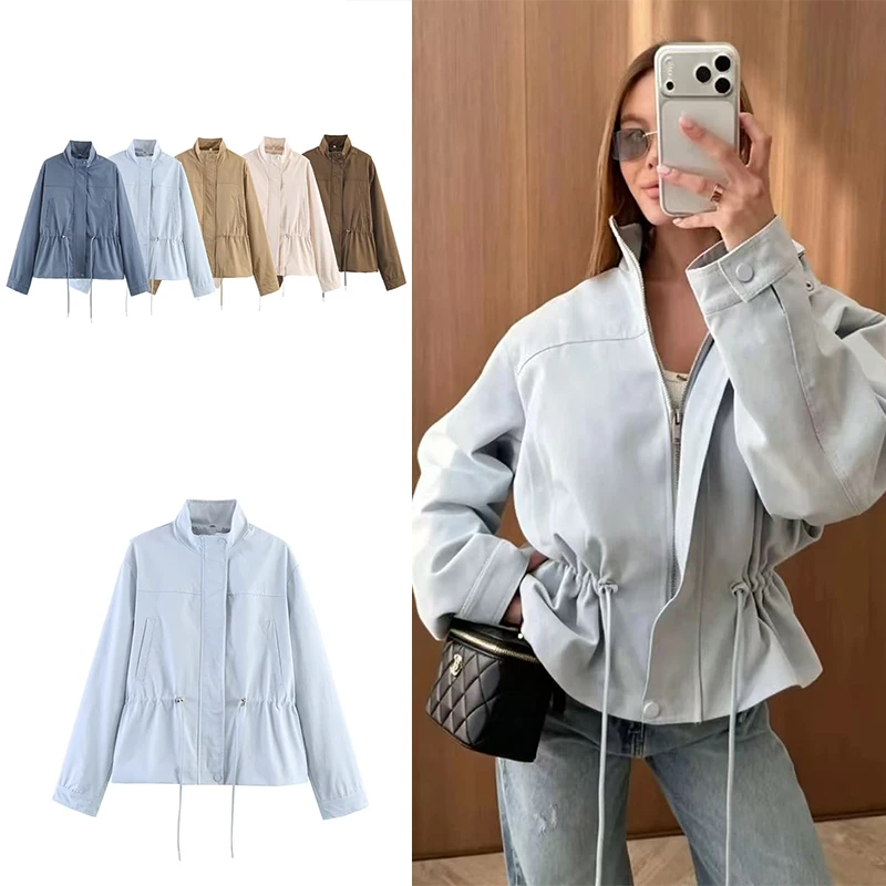 Guobioziy 2026 Fall Women Short Stand Collar Jacket Drawstring Waist Adjustable Coat Trendy Outdoor Street Outerwear For Ladies