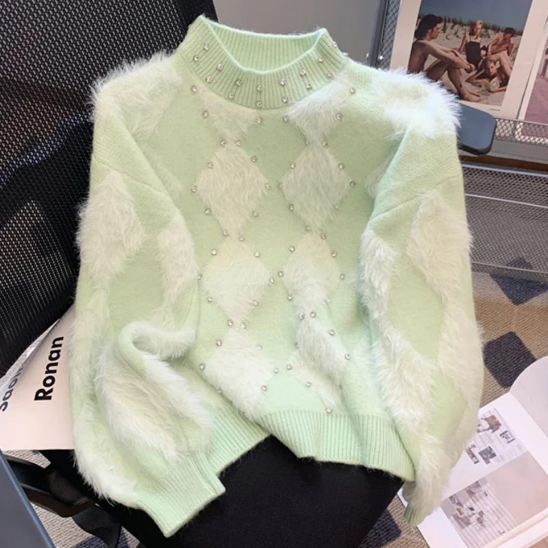 

Green Women Clothing Vintage Knitting Sweater Cashmere Diamond Lattice Pink Korean Fashion Simplicity 2024 Female Spring Tops