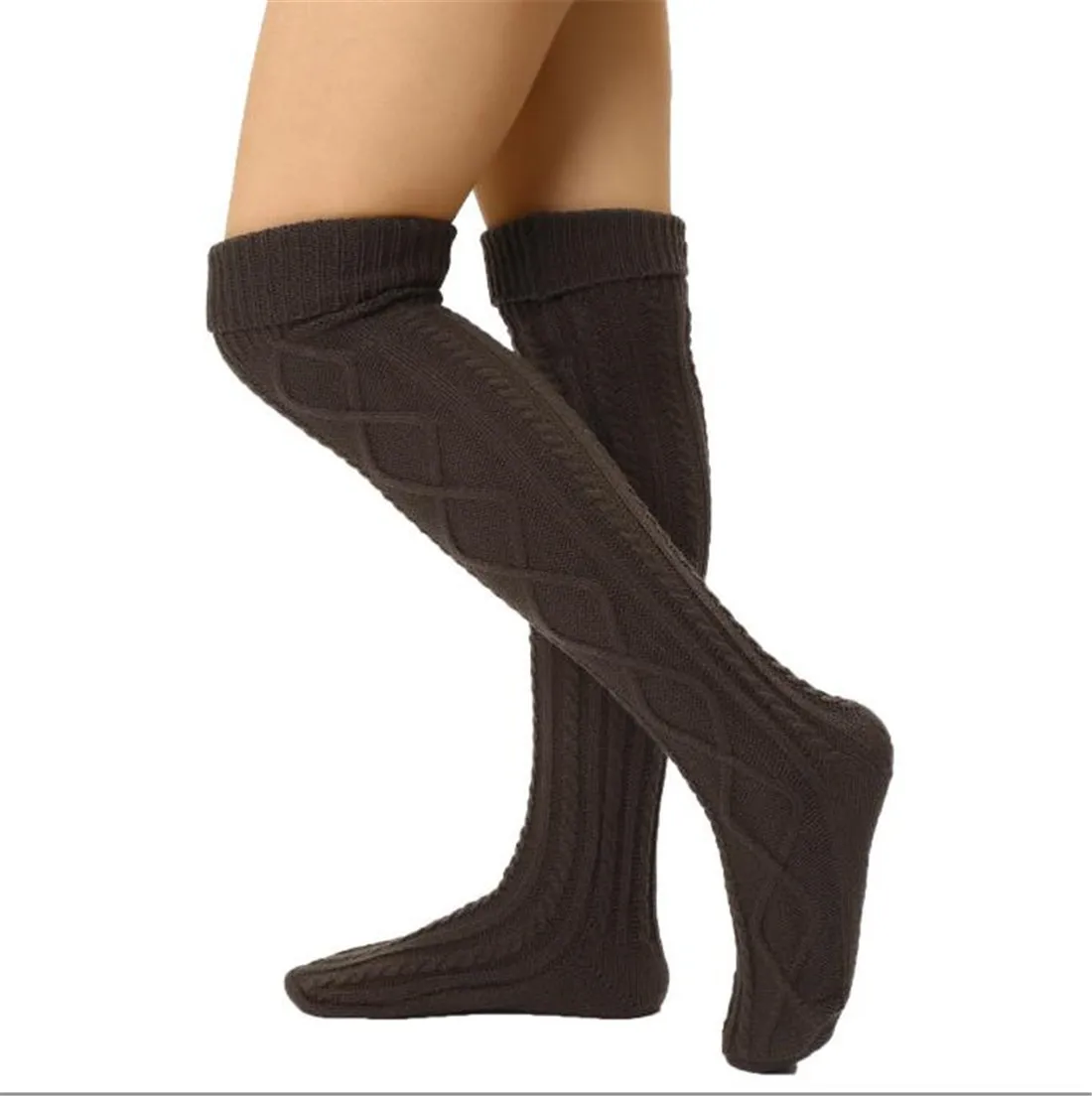 Calcetines de punto con rombos para invierno, vestido suelto de lana, grueso por encima de la rodilla