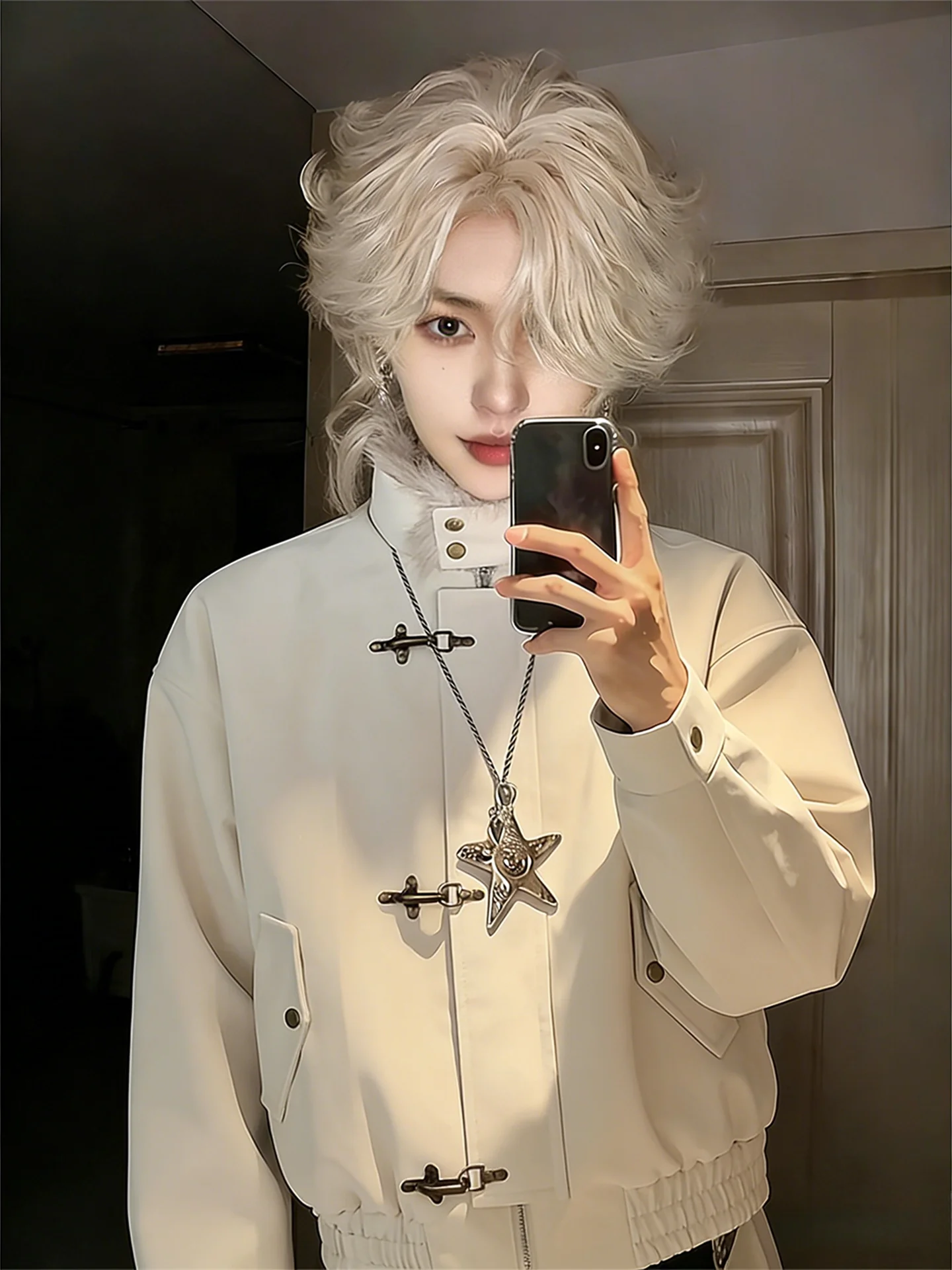 

Men's Thiened ort Flight Jaet Cotton Coat PU Leather Mountain Eagle Winter Warm Casual Faion Zipper Closure Coat