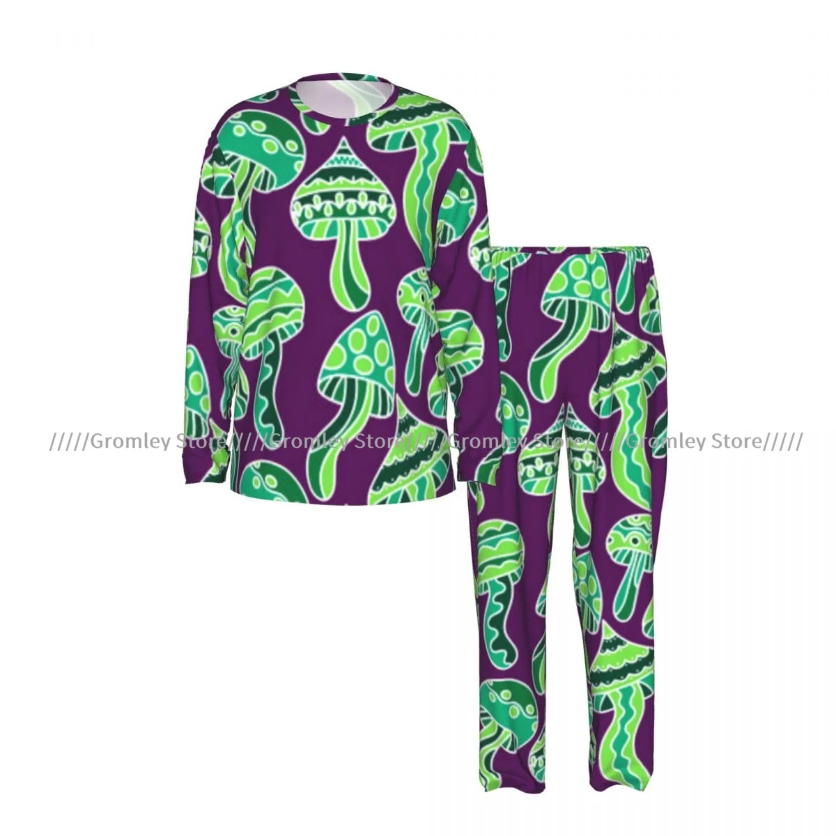 Men's Long Sleeve Long Pants Pajama Set Mushrooms With Skulls Pattern Casual Loungewear and Sleepwear for Home