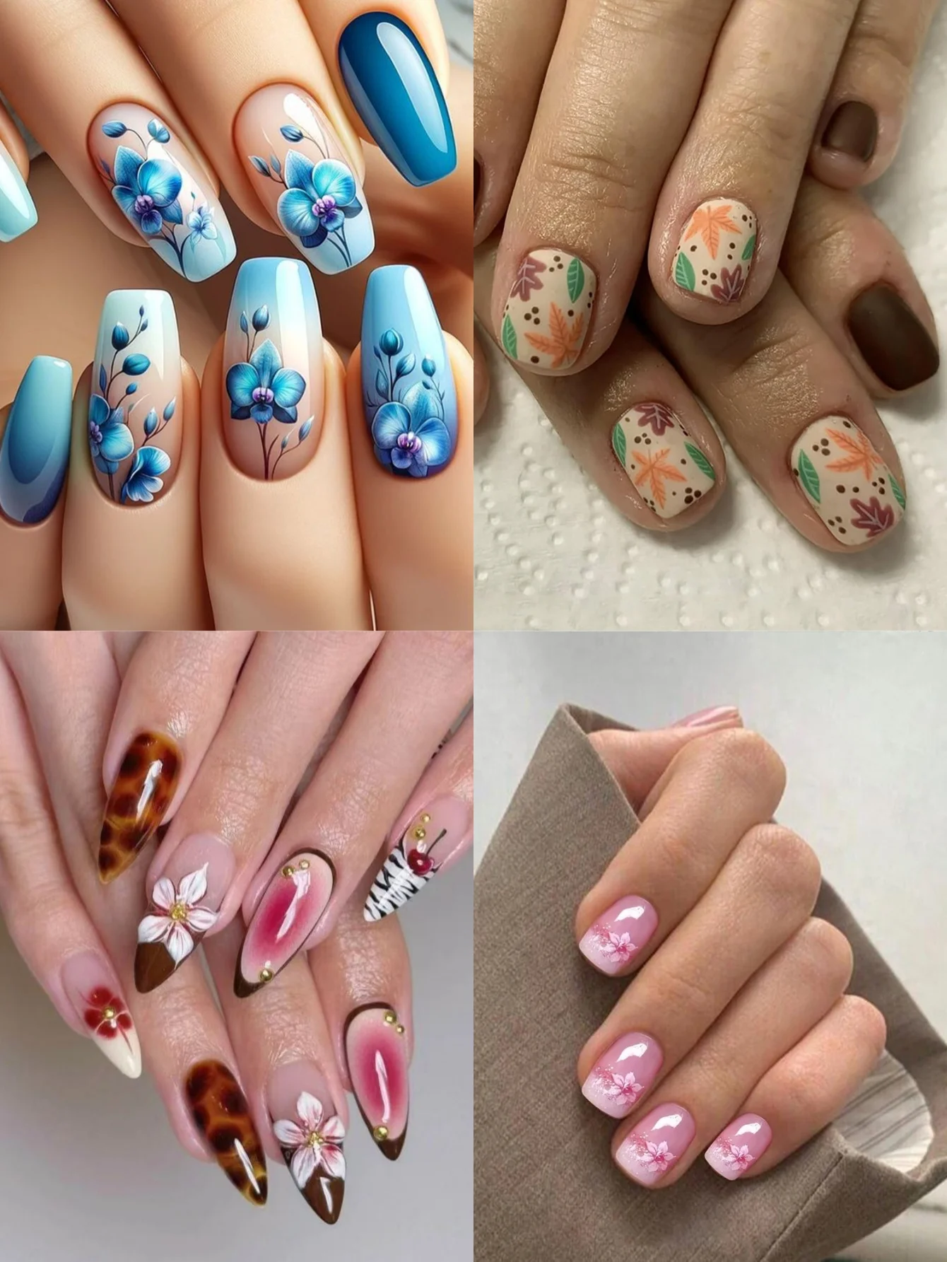 

Набор из 96 накладных ногтей с розовым, синим цветочным принтом, коричневым узором в стиле бохо, розовыми цветочными и леопардовыми узорами для стильных женщин/девушек