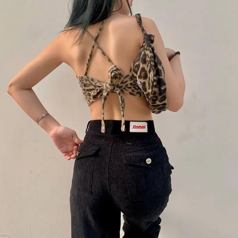 Leopard Pattern Women Tank Tops Backless Sexy Rave Outfits Sleeveless Cross Lace Up Bralette Crop Top Summer Streetwear
