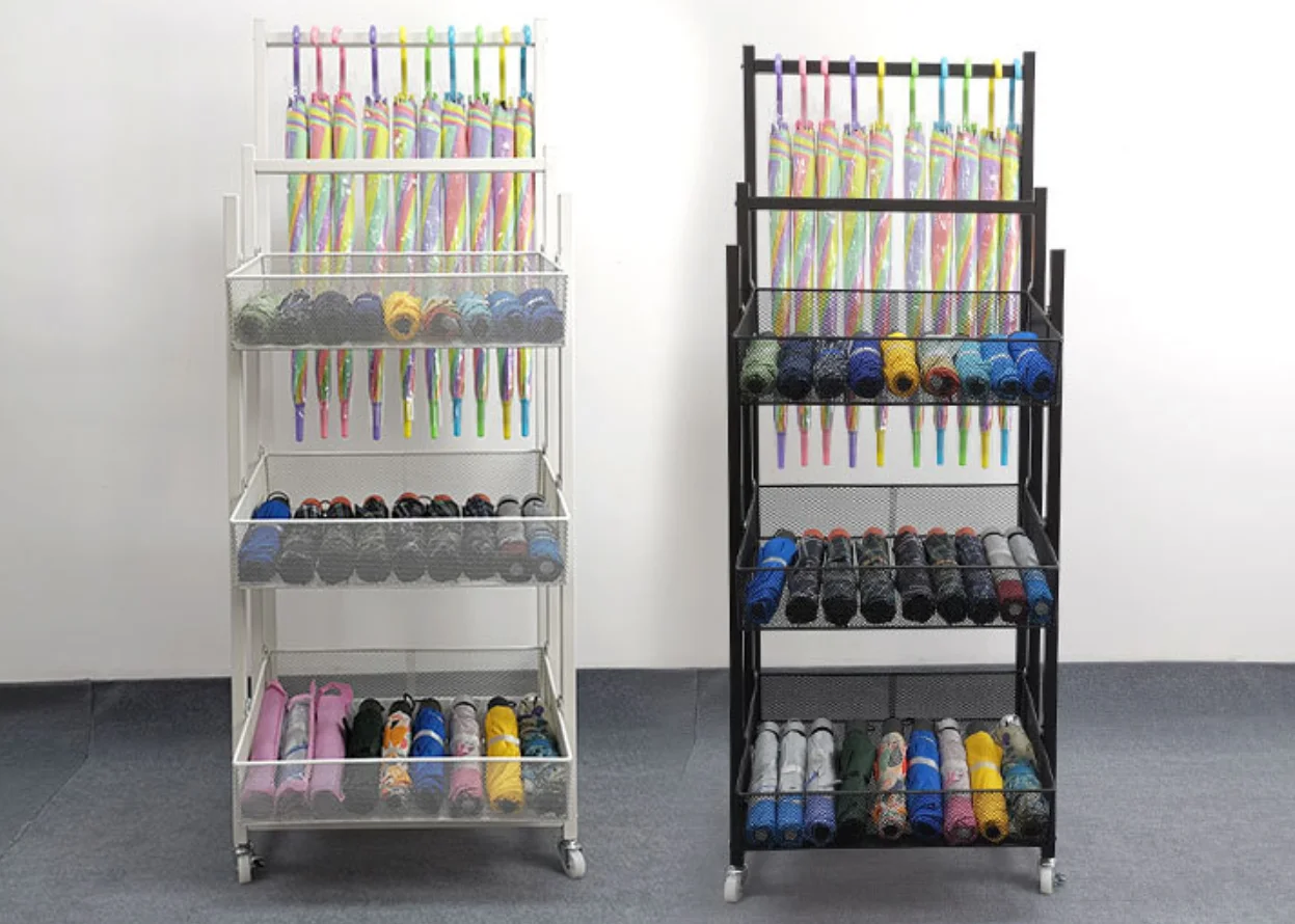 Multifunctional store storage display stand Durable retail display stand Metal umbrella stand with wheels