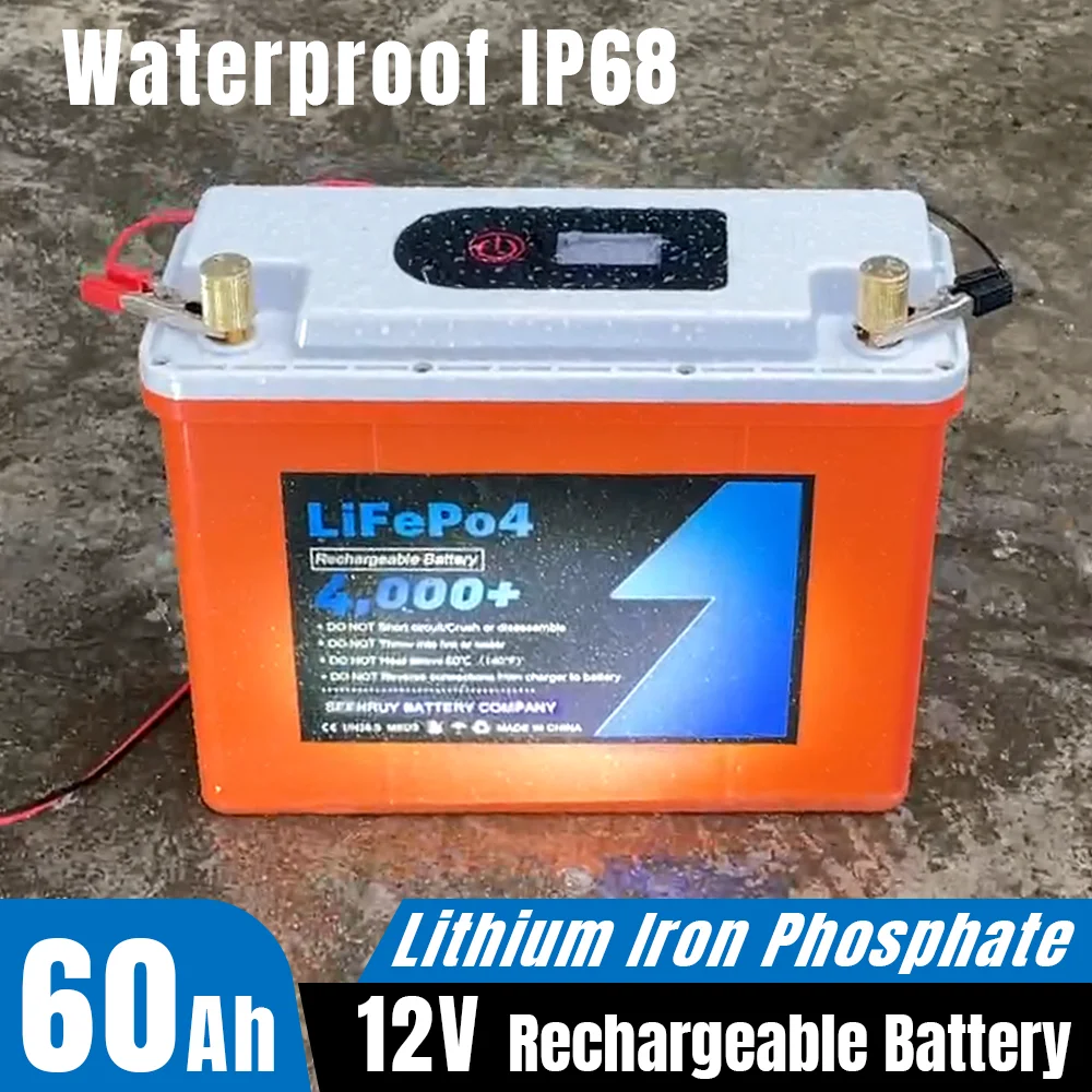 12V 50Ah 60Ah LiFePO4 Battery Pack 768Wh Waterproof IP68 Built-in BMS Power Bank for Fishing Outdoor Easy to carry +Charger