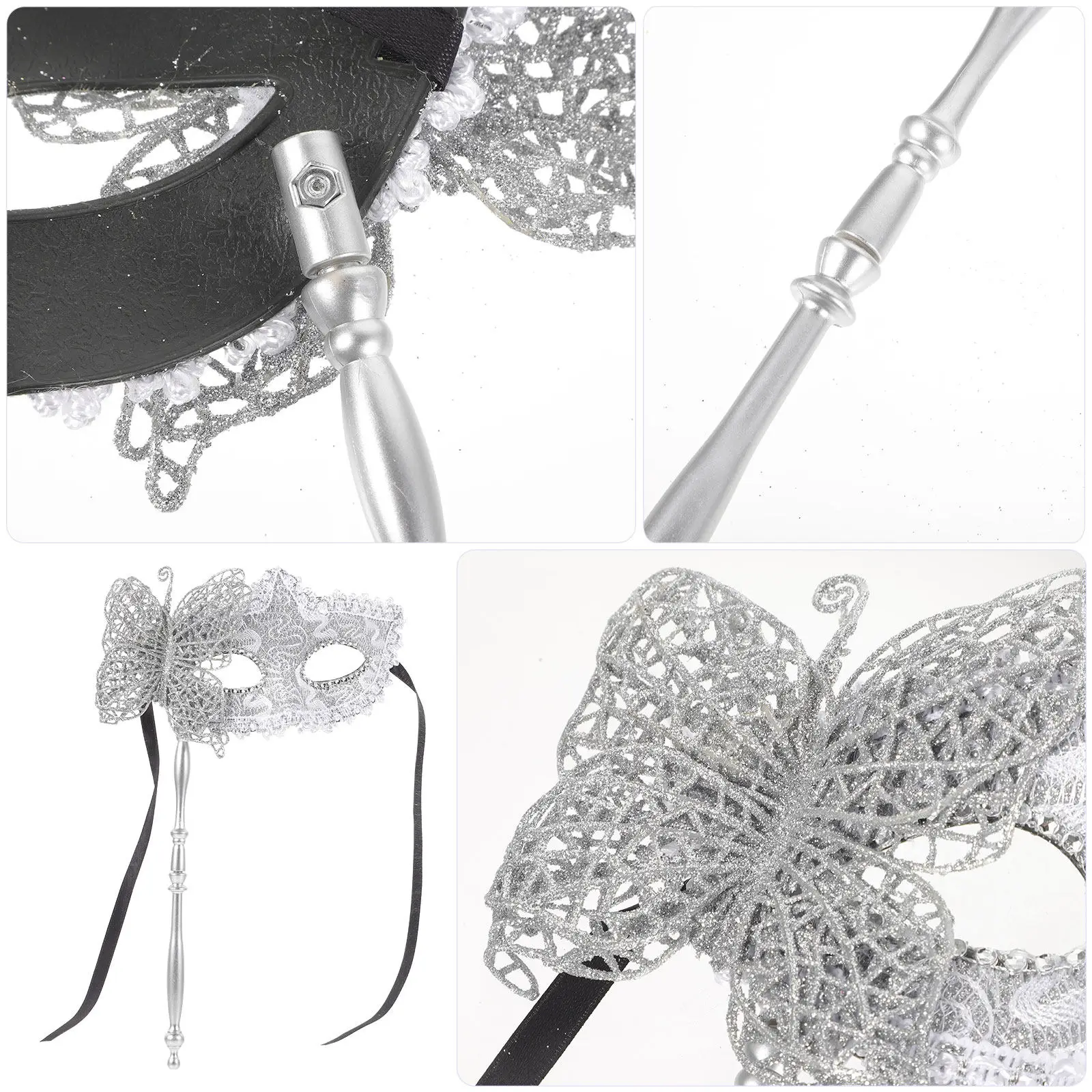 Masquerade Mask Handheld Elegant Silver Design Masquerade Party Halloween Ball Cosplay Drama Mask for Women Gras Accessories