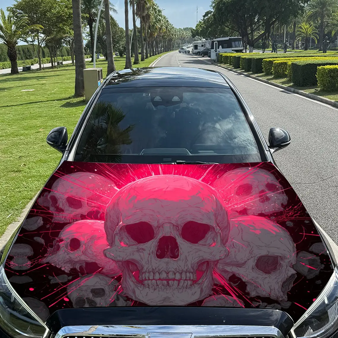 Dazzling Pink Skull Cluster Car Vinyl Wrap, PVC Material Waterproof Car Hood Sticker, Self-Adhesive Scratch-Resistant Stickers f