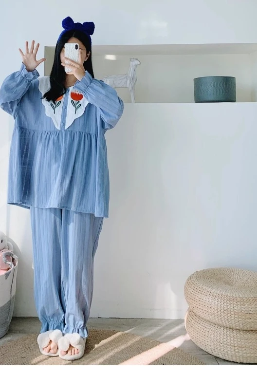 Washed Woven Cotton XL-4XL Long Sleeve Pants Two-piece Pajamas Girl Spring Autumn Loose Peter Pan Collar Flower Sweet Loungewear