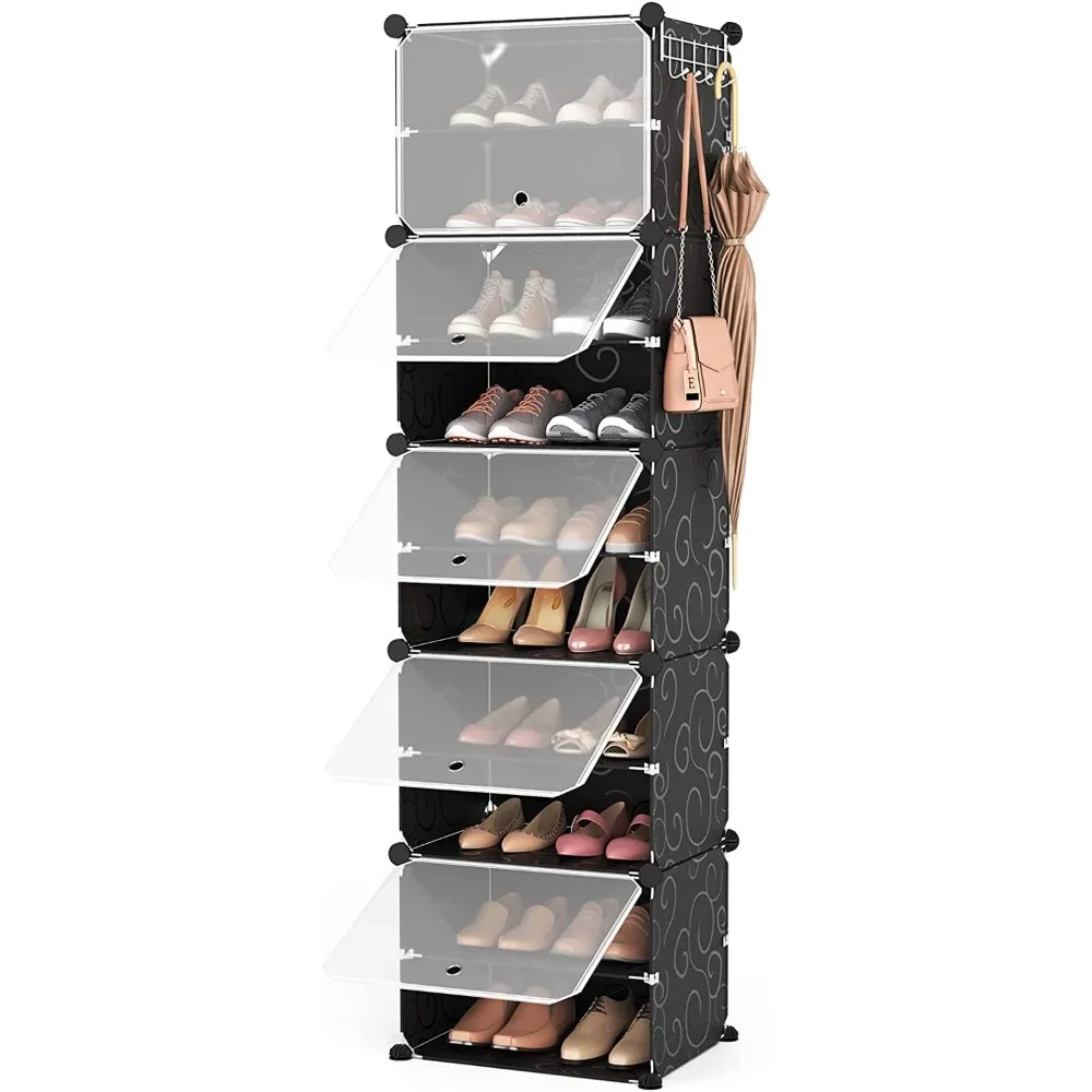 

Tall Shoe Rack, Shoes Storage Cabinet with Doors, Shoe Rack Organizer Hooks Plastic Shoe Closet for Entryway Bedroom Hallway