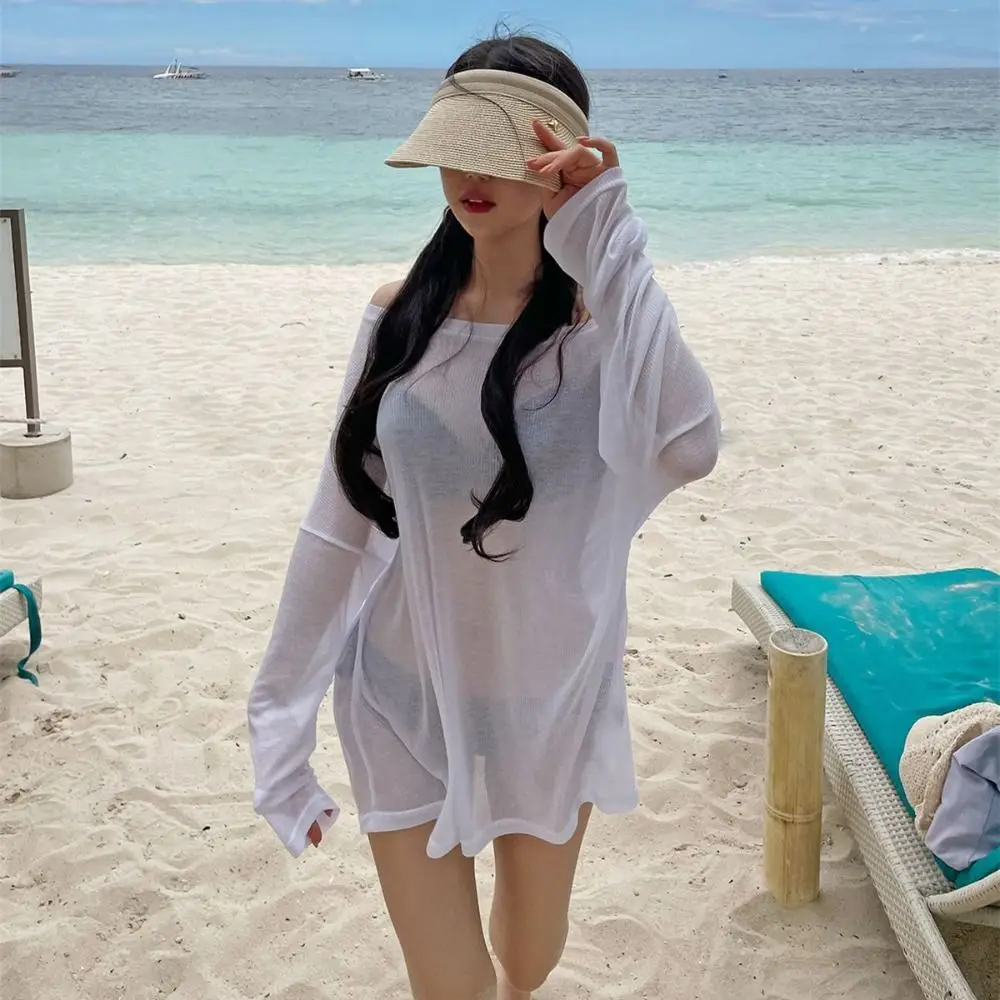 

Bikini Cover Up Loose T Shirts Summer Beach Wear Plain Transparent Bottoming Shirts Washable Oversize Sun-protection Pullovers