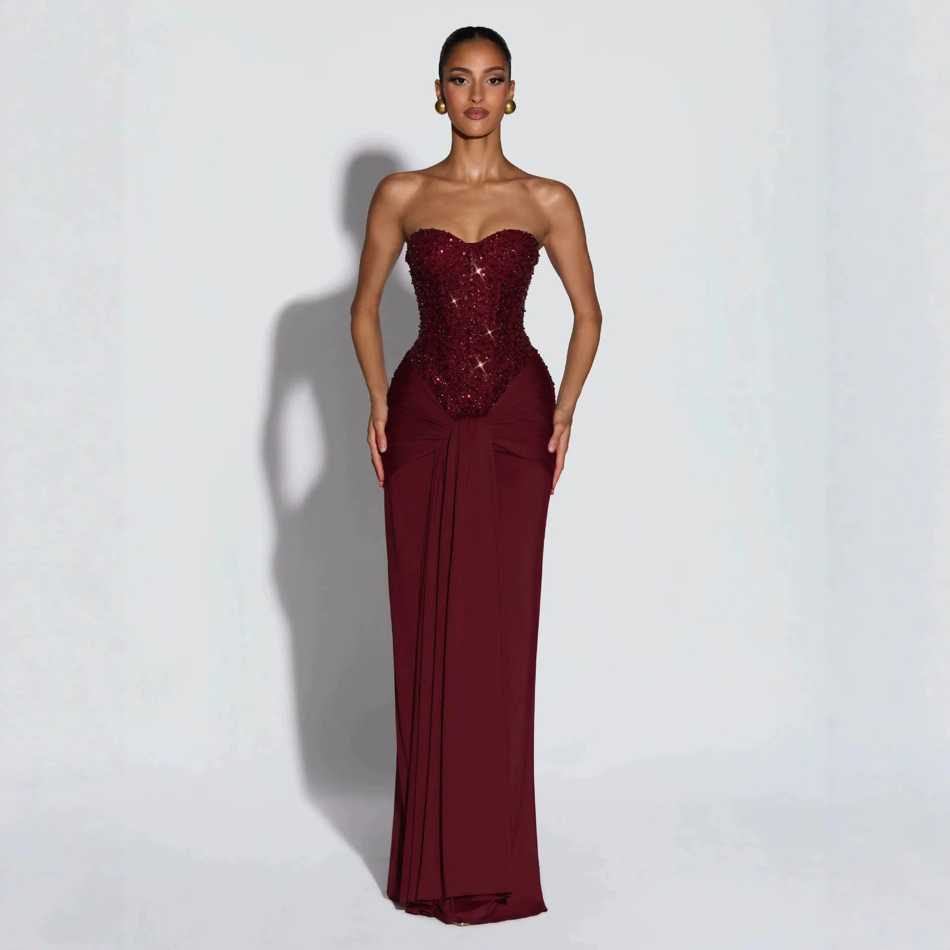 Sexy Strapless Dress Woman Sequins Patchwork Backless Knot Ribbon Wrap Hip Midnight Prom Party Elegant Long Bodycon