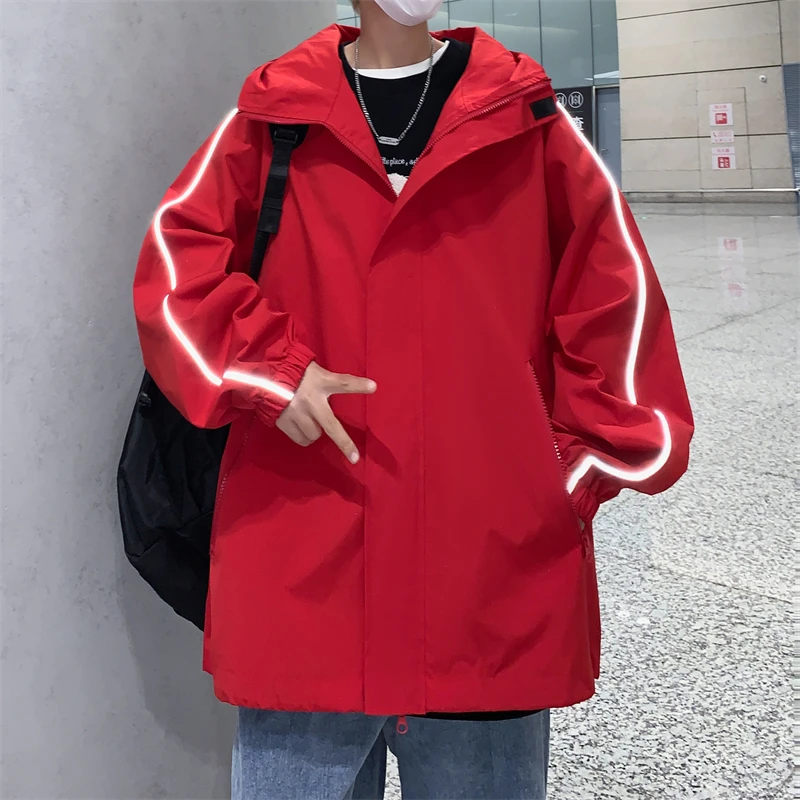 

Куртка мужская демисезонная с красными светоотражающими полосами, повседневная, ветрозащитная, молодежная, на молнии, свободного кроя