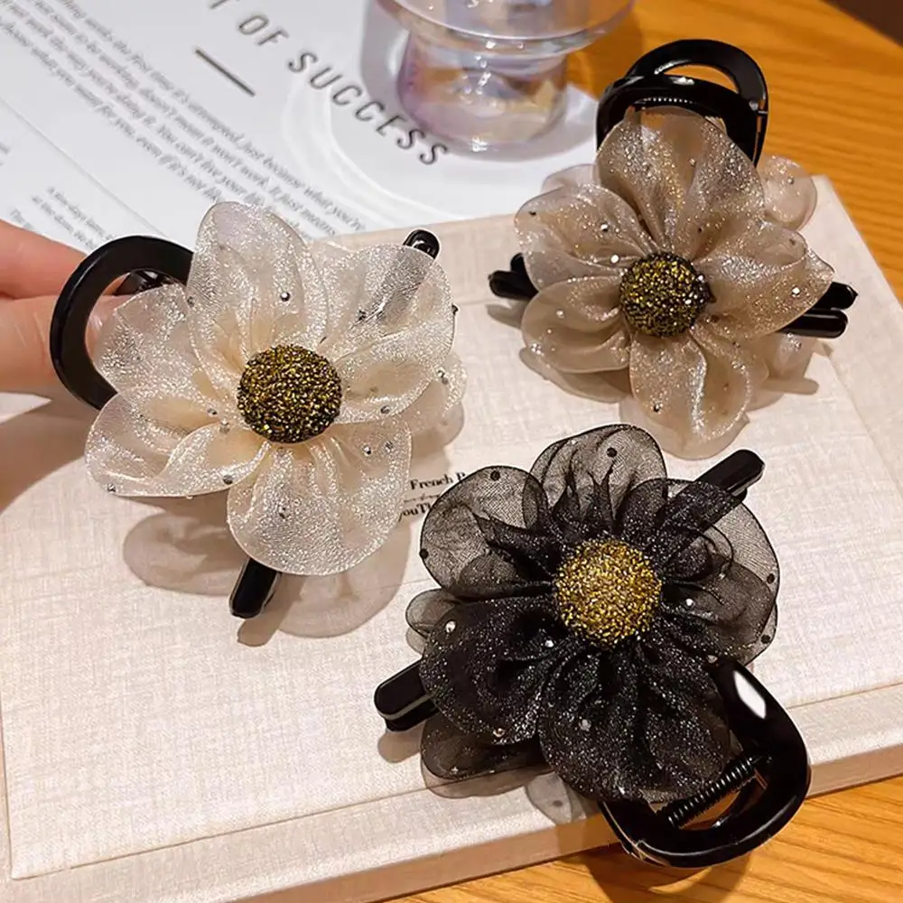 

Sweet Head Clip Mesh Flower Clip Rhinestone Flower Hairpin Colorful Headwear Half Tied Clip Fashionable Decor Cute Hair Claw