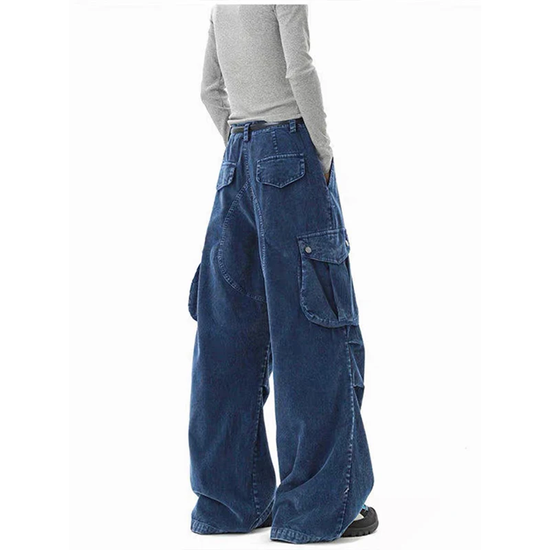 Autumn Winter Jeans Fashion Multi-Pocket Cargo Pants Straight Retro Overalls Women's Loose Casual Wide Leg Pleated Trousers