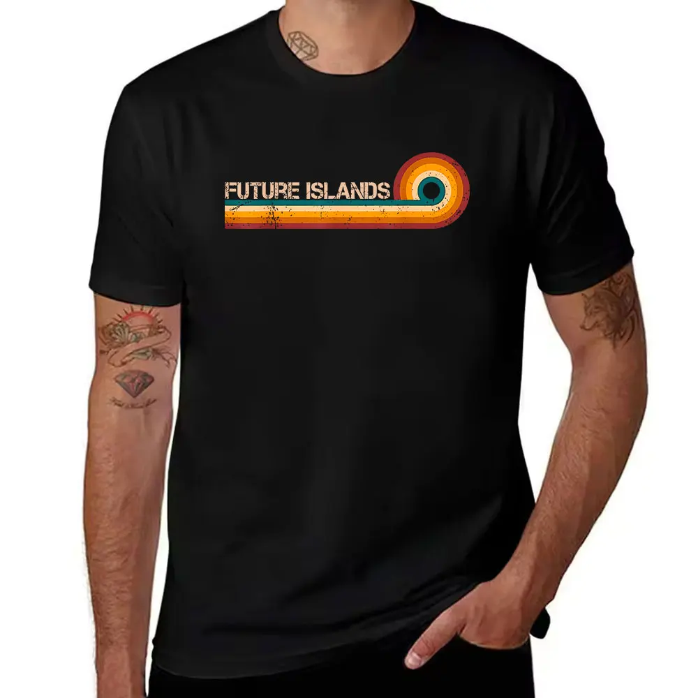 Men's Cotton Short Sleeve T-Shirt with Retro Distressed Future Islands Graphic Print, Vintage Style Casual Tee