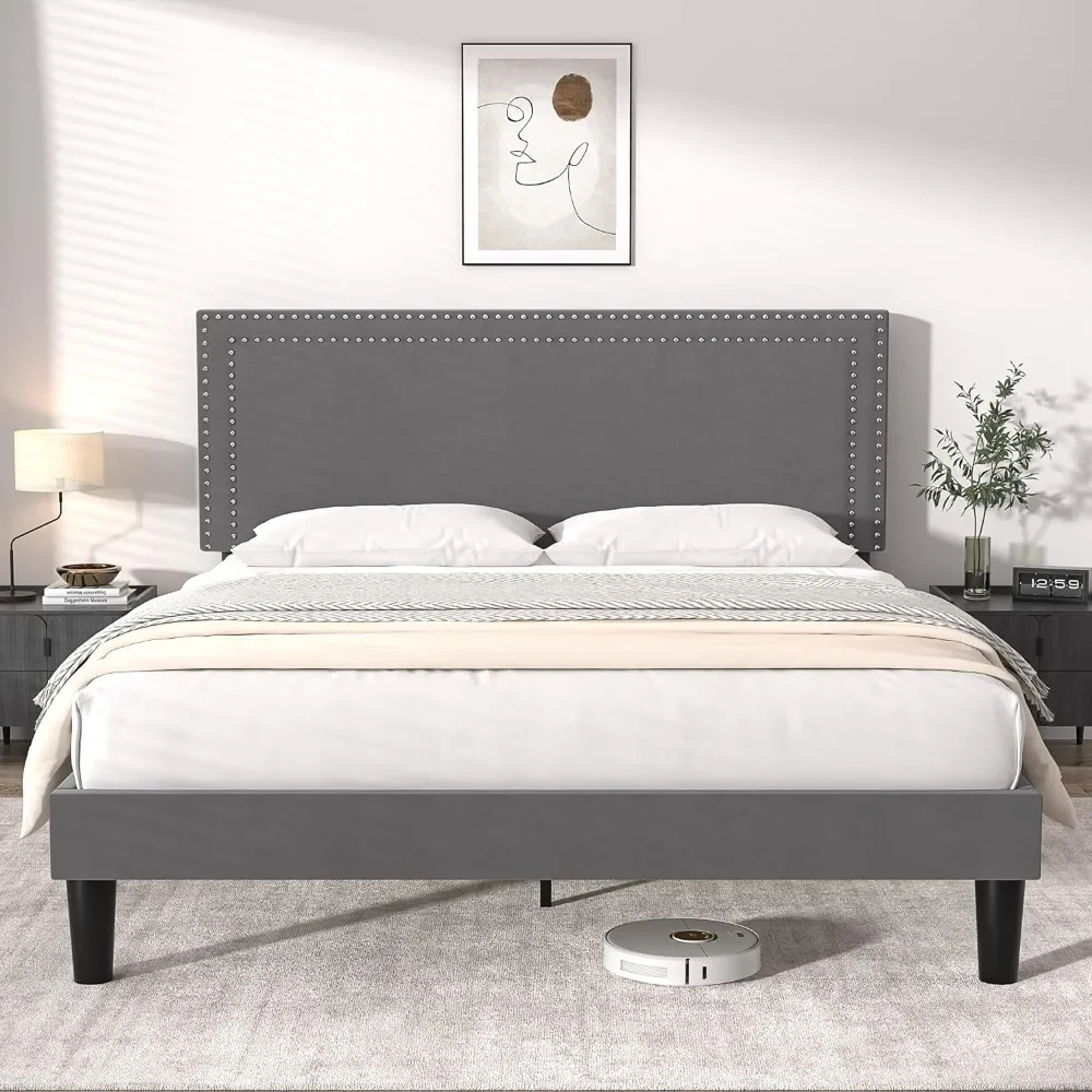 

Full Size Platform Bed Frame with Height Adjustable Upholstered Headboard, Modern Mattress Foundation,Strong Wood Slat Support