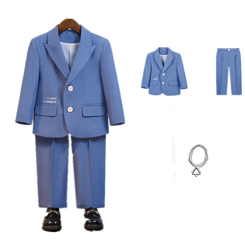 School Boys Spring Autumn Jacket Pants Necklace 3Pieces Suit Set Kids Host Piano Stage Show Performance Costume