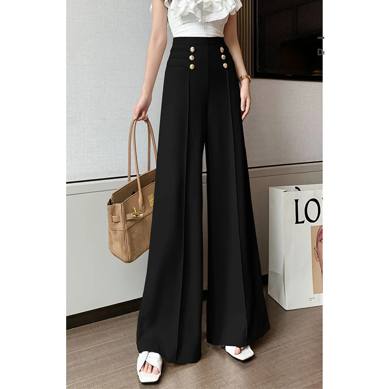 Korean Fashion Vintage Office Lady Elegant Wide Leg Pants Women Solid High Waist Straight Trousers 2023 Autumn Winter Pantalones