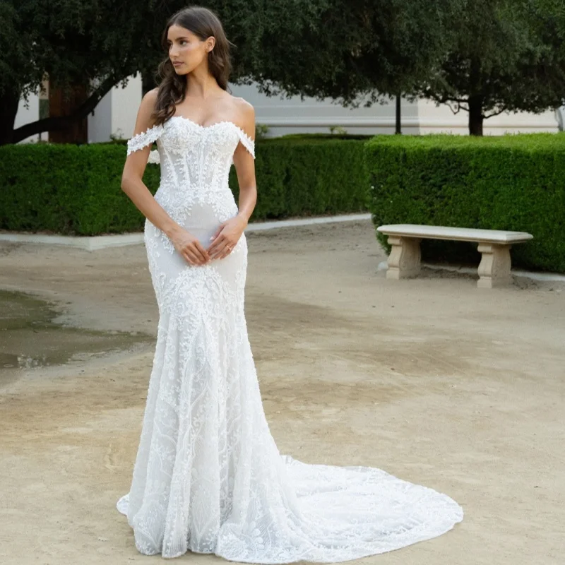 Suknie ślubne w stylu balowym, proste, w kolorze kości słoniowej, z koronkowymi aplikacjami kwiatowymi, dekoltem w serce, o kroju rybki, z odkrytymi plecami, szyte na miarę, Robe De