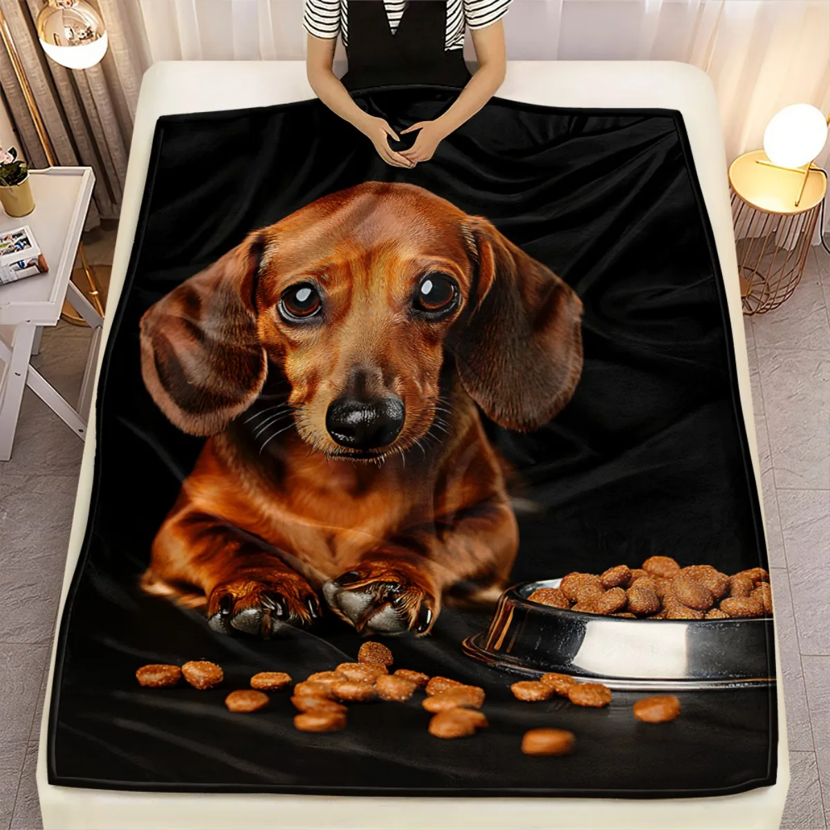Dachshund dog food bowl flannel blanket cute pet art throw blanket dog lover gift cozy blanket