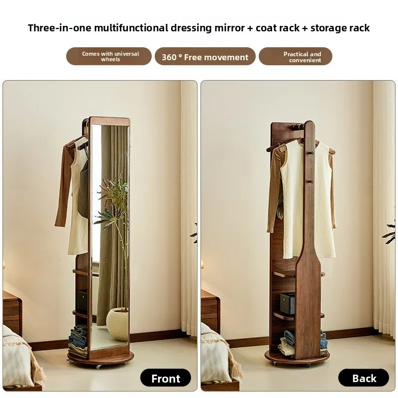 Black walnut rotating full-length mirror Hanging hanger integrated household solid wood full-length mirror Bedroom floor mirror