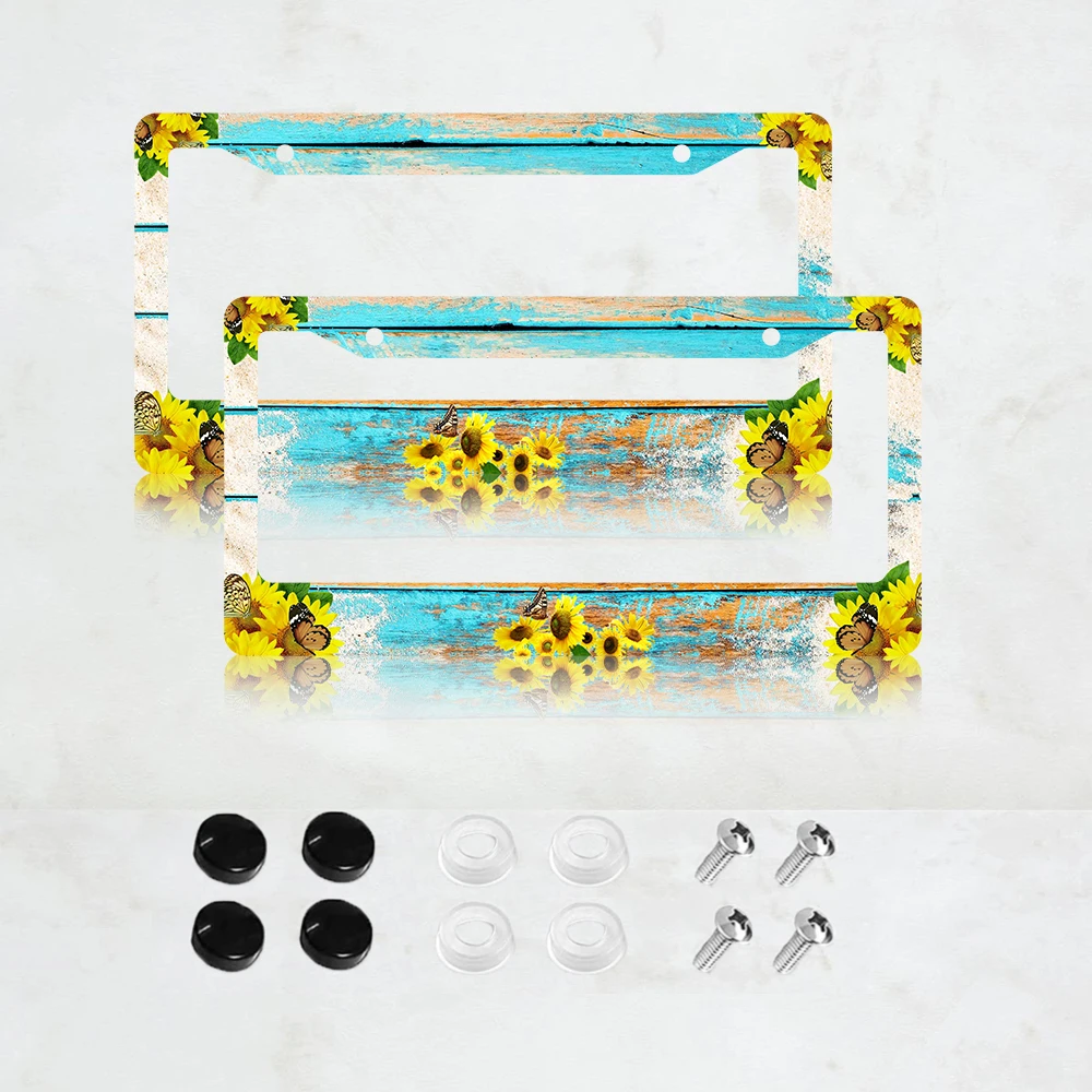 Bingkai Pelat Nomor 2 Lubang Pola Kayu Biru Vintage dengan Desain Kupu-kupu Bunga Matahari, Bahan Aluminium, 6x12 Inci