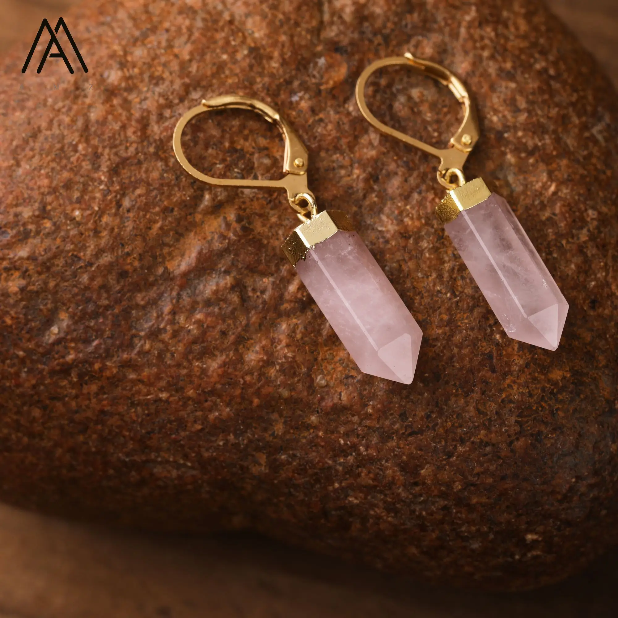 Natural Gems Stone Hexagonal Crystal Point Pendant Hook Earrings Amethyst Labradorite Birthday Gifts Women