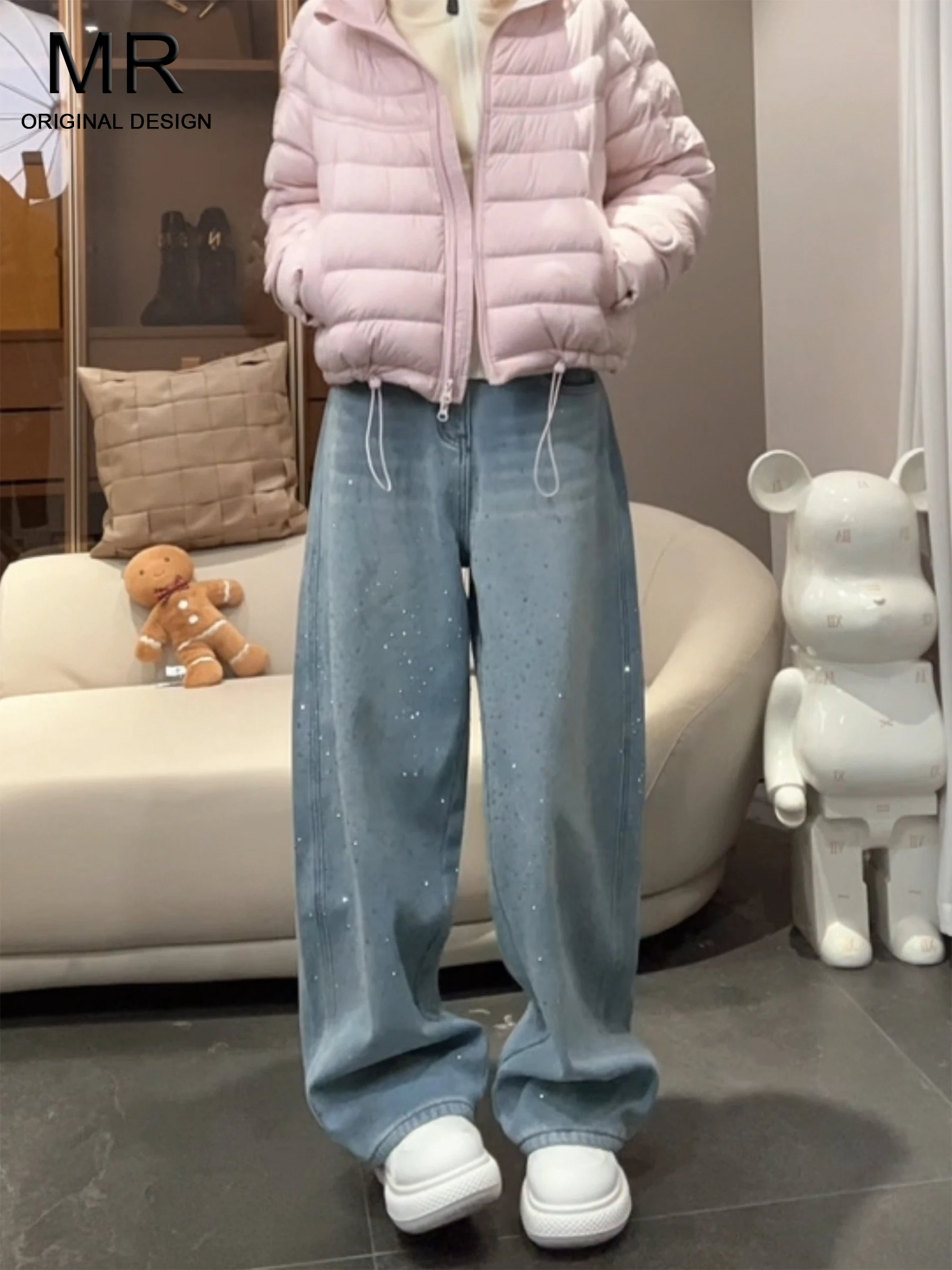 

Джинсы женские летние с высокой талией, широкими штанинами, новым блестящим дизайном, прямого кроя, в американском стиле, повседневные, свободного кроя, светлого цвета