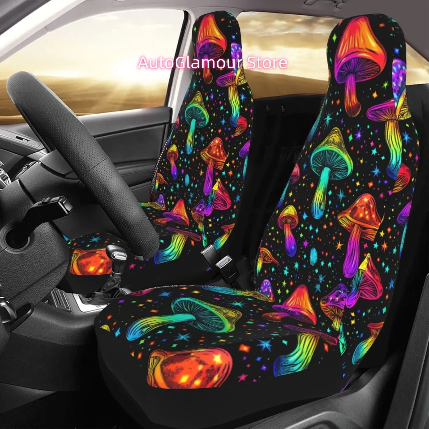 Psychedelic Mushrooms Car Seat Covers Set of 2, Cute Funny Non-Slip Front Car Seats Covers Universal for Most Cars, Suvs,Truck,V