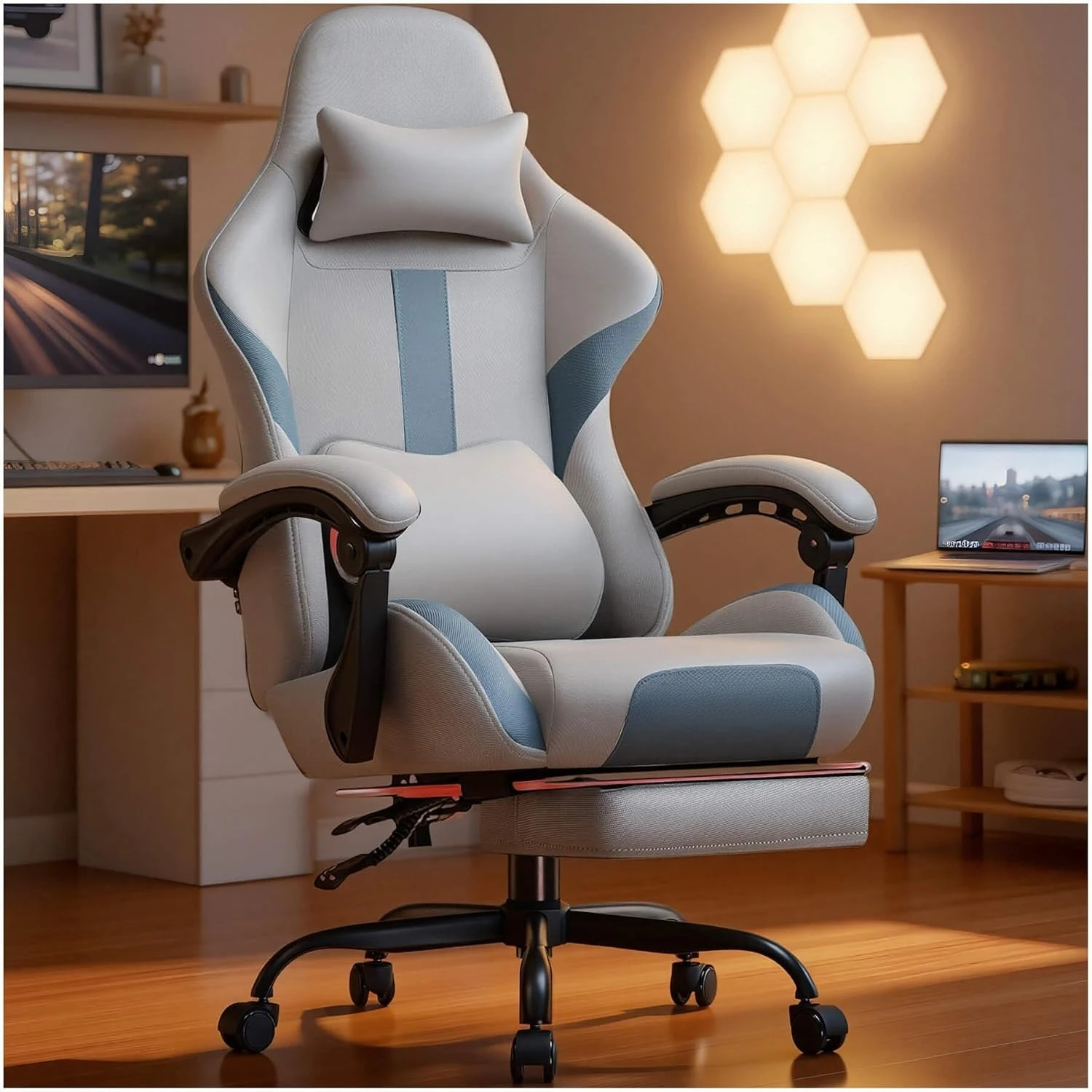 Gaming Chair Fabric High Back Ergonomic  with Headrest & Lumbar Support for Back Pain Relief, All Seasons Universal Blue