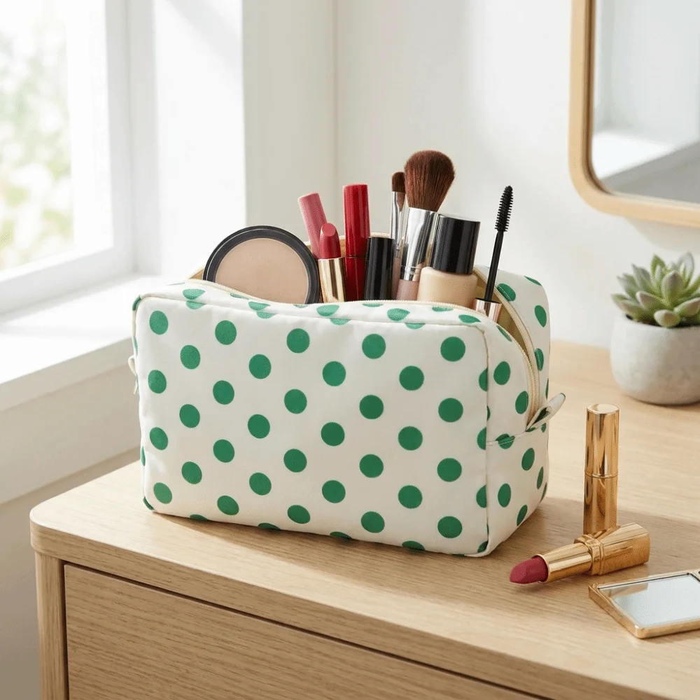 Waterproof Polka Dot Toiletry Bag Zipper Pouch Large Capacity Cosmetic Storage Bag Lightweight Polyester Makeup Organizer Bag