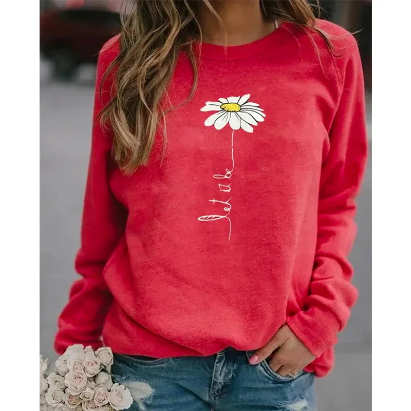 

303844New Daisy Print Red Round Neck Long Sleeve Hot Sale Women's Base Shirt Top