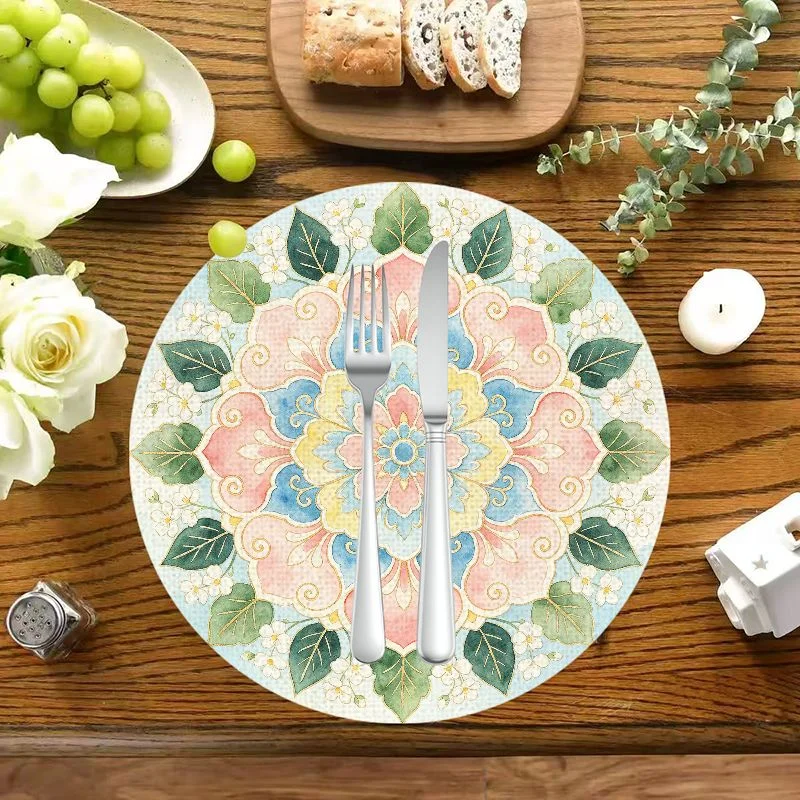 VIKAMA Vintage Soft Blue Ornate Mandala Round Mat, Anti-slip Waterproof Cottage Placemat