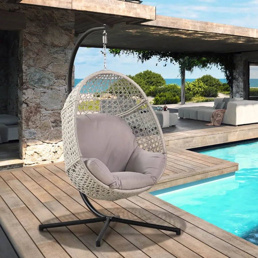 

Outdoor indoor large hanging egg chair with metal C-stand and UV-resistant cushion, beige fabric, weatherproof comfort and mode