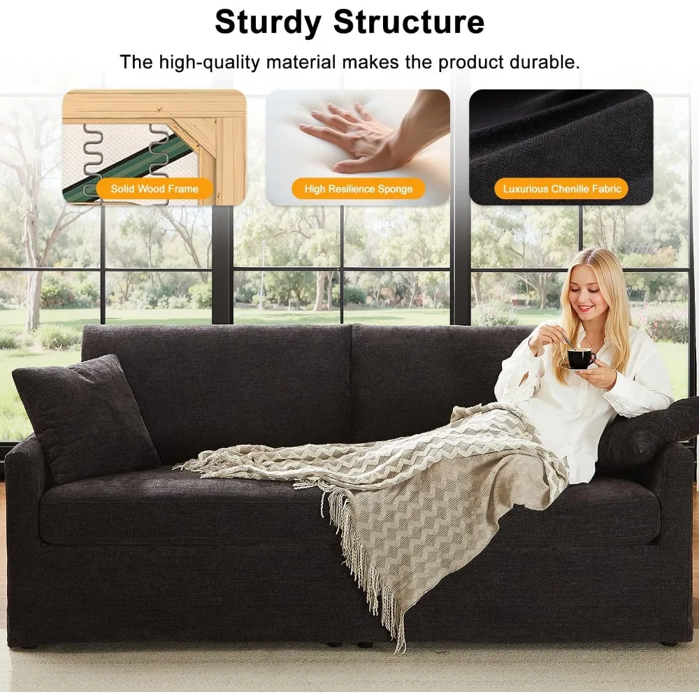 أريكة شانيل 3 مقاعد أنيقة مقاس 85 بوصة لمساحات المعيشة، تتضمن وسادتين، تصميم عصري مع سهل التجميع، قطيفة كبيرة الحجم #6