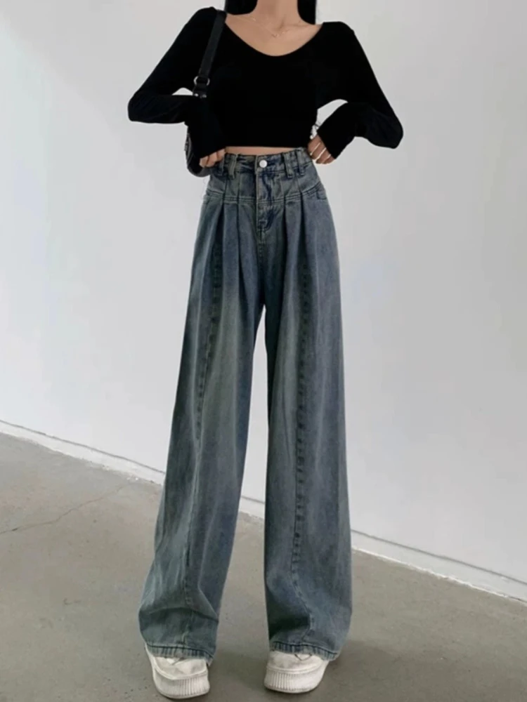 Retro denim pants women in autumn and winter 2025 loose and slimming design sense wide legs and floor length jeans