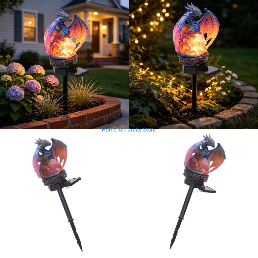 Y3NA Resin Dragon Yard Accent Light, Garden Stake Statue with Crystal Lamp Detail for Porch, Lawn, Entry Paths, and Outdoor