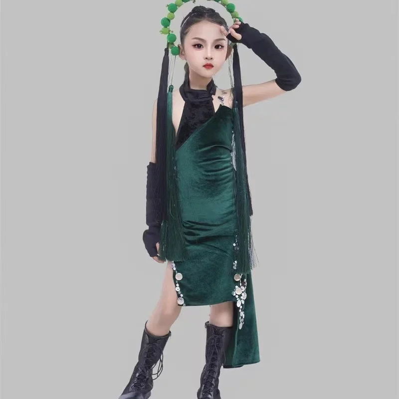 Girls' Dark Green Cheongsam Slim Suit Peking Opera Elements Chinoiserie China Style Children's Costume Show And Princess Dress