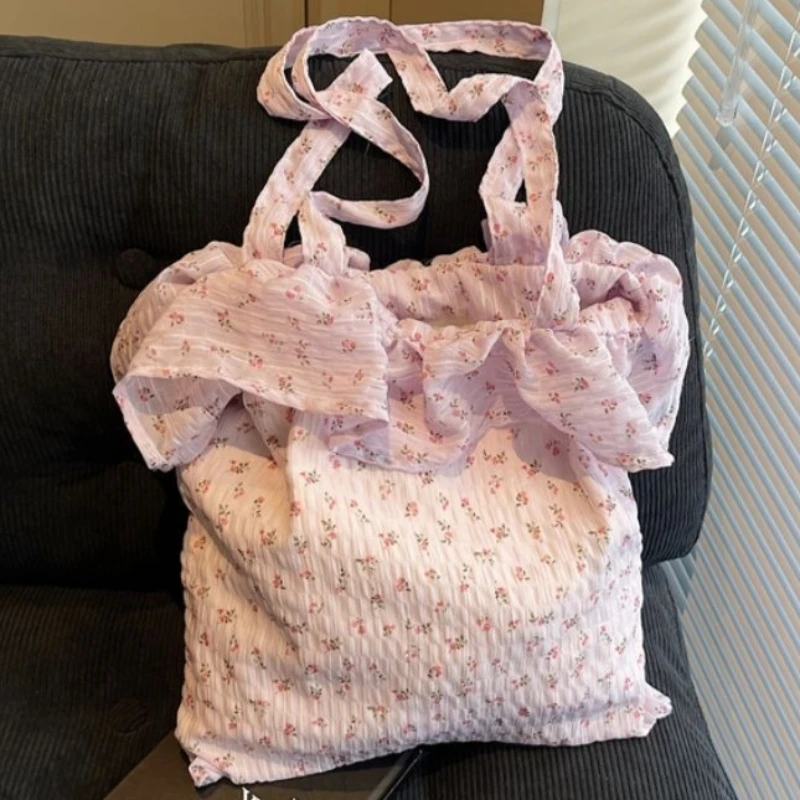 Purple Pink Beige Ditsy Floral Print Tote Bag Women Ruffled Shoulder Bag Lightweight Cotton Hobo Bag Large Capacity Pastel Blue